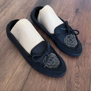 New York Transit black rose studded loafers, size 8M